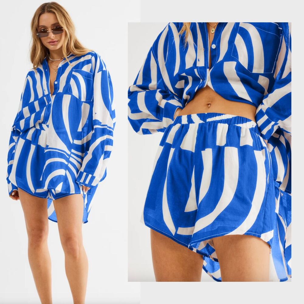 SNDYS. |  NWT Cobalt Blue White Groovy Printed Heather Cotton Shorts S